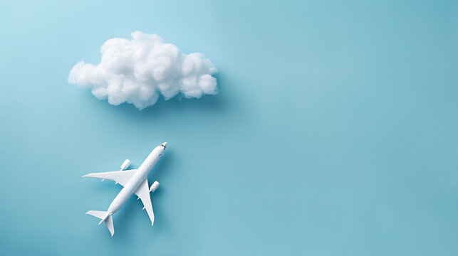 Flat lay design of travel concept with plane and cloud on blue background with copy space,