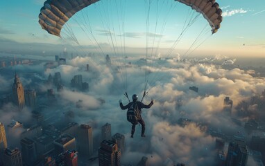 A daring man parachuting over the city against the backdrop of a stunning urban landscape,...