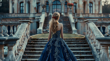 photo of beautiful young 21 years old woman with natural blonde long hair green eyes, wear deep blue evening dress with little silver swarowsky crystails, and elegant red hair clip on a castle garden