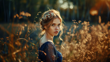 photo of beautiful young 21 years old woman with natural blonde long hair green eyes, wear deep blue evening dress with little silver swarowsky crystails, and elegant red hair clip on a meadow