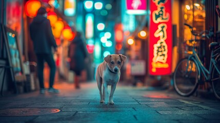 a dog is standing on the sidewalk in an asian city - obrazy, fototapety, plakaty