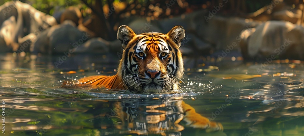 Wall mural AI generated illustration of a tiger gracefully swimming in a scenic water landscape with rocks