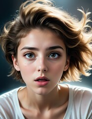 A close-up portrait of a young woman with tousled hair and captivating blue eyes, her expression a mix of innocence and intensity.