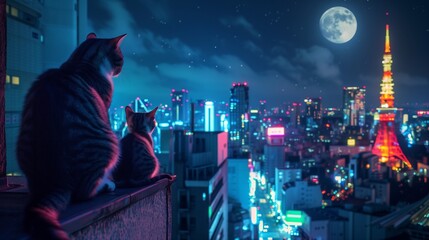 A father and son cat in Tokyo's Kabukicho district look out over the neon city - obrazy, fototapety, plakaty