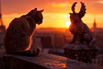two cats sit on a ledge with sunset in the background
