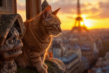 a cat looking out at the sunset over paris from an open window