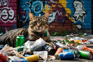 AI-generated illustration of A cat resting amidst litter and cans outdoors against a graffiti wall