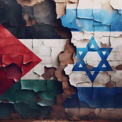 flags of Palestine and Israel painted on a cracked concrete wall. The crack is a symbol of the conflict between the two nations. representing the destruction and devastation caused by the conflict