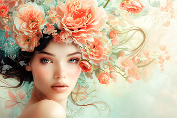 Portrait of a young woman adorned with a vibrant floral headpiece, artistic makeup, against a floral backdrop.