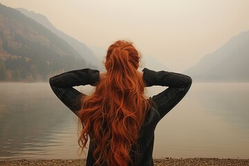 Ethereal Red-Haired Muse by the Tranquil Lake - obrazy, fototapety, plakaty