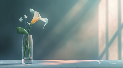 A tall, transparent glass vase holding a single, elegant calla lily, illuminated by soft, natural light
