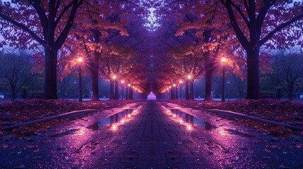 symmetrical composition of the path, with the purple trees  - Powered by Adobe
