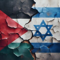 flags of Palestine and Israel painted on a cracked concrete wall. The crack is a symbol of the conflict between the two nations. representing the destruction and devastation caused by the conflict