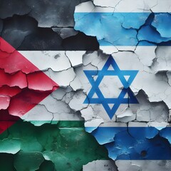 flags of Palestine and Israel painted on a cracked concrete wall. The crack is a symbol of the conflict between the two nations. representing the destruction and devastation caused by the conflict