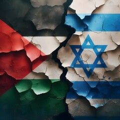 flags of Palestine and Israel painted on a cracked concrete wall. The crack is a symbol of the conflict between the two nations. representing the destruction and devastation caused by the conflict