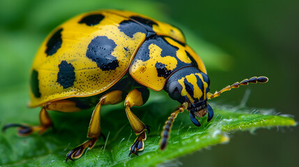 Macro ladybug in nature green background. - obrazy, fototapety, plakaty