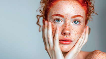 Close-up portrait of a fictional Caucasian woman with red hair and freckles touching her face with her hands - copy space. Concept of beauty, skincare, sun exposure using sun screens, skin concerns. 