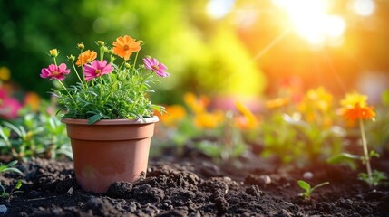 a pot with purple and yellow flowers sitting in the dirt - obrazy, fototapety, plakaty