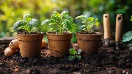potted plants sitting in dirt, with green leaves around them