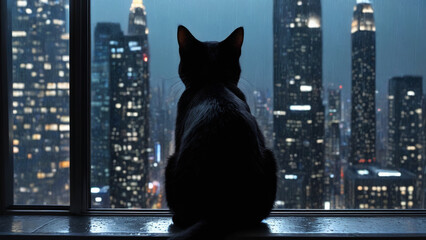 a black cat sitting on top of a window sill - obrazy, fototapety, plakaty