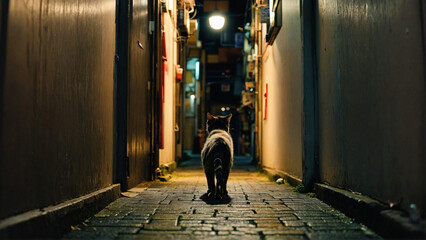 a cat is walking down the dark alleyway on a cobblestone floor