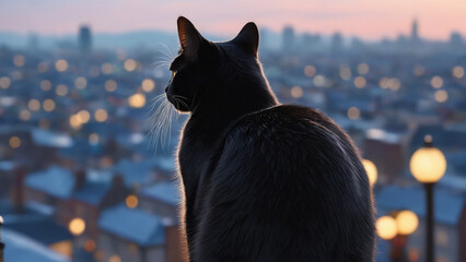 black cat looking out over a city at dusk, with lights shining from its ears