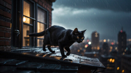 a cat is standing on the edge of a building ledge with rain coming down - obrazy, fototapety, plakaty