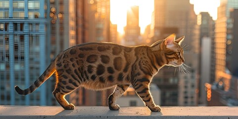 AI generated illustration of a cat perched on ledge with tall buildings in background - obrazy, fototapety, plakaty