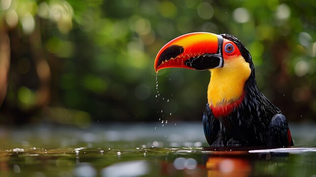 AI generated illustration of a black and yellow bird bathing under a waterfall in a pool