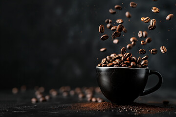 Coffee beans flying into a dark cup in dark background