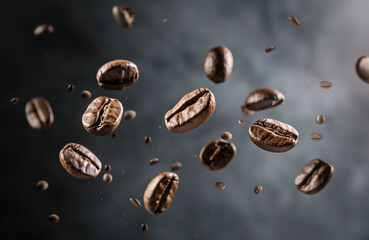 coffee beans flying in the air