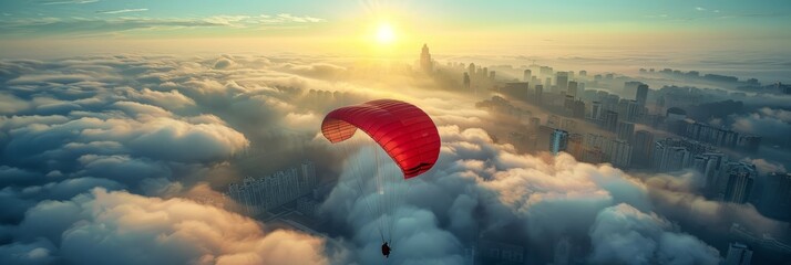 A daring man parachuting over the city against the backdrop of a stunning urban landscape,...