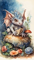 a painting of a dragon sitting on top of a rock