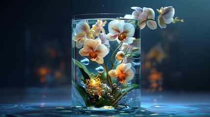 A transparent vase with a unique spiral design, filled with floating orchids and underwater lights