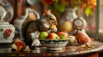 AI generated illustration of a Squirrel perched on a windowsill beside fruit