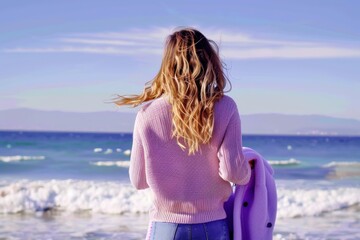 The Violet Wanderer: A Womans Beach Stroll