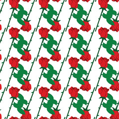 Red rose in flat style. Simple seamless pattern. Vector illustration.