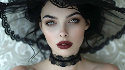 AI generated illustration of Elegant woman in a hat and choker, with bold red lips