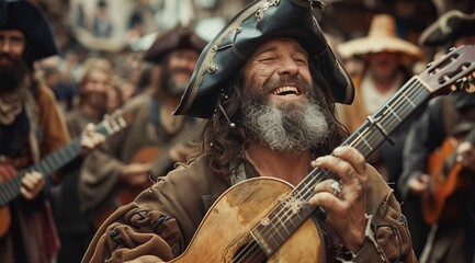 Minstrels at the festival - Medieval bard, smiling and playing the lute in front of other musicians - obrazy, fototapety, plakaty