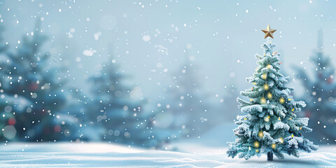 Fototapeta premium Small evergreen tree dusted with snowflakes in tranquil winter scene