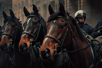 Horses wearing bridles with a police officer in the background cityscape