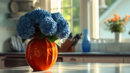 A vibrant, orange ceramic vase with a rough texture, filled with blue hydrangeas on a bright...