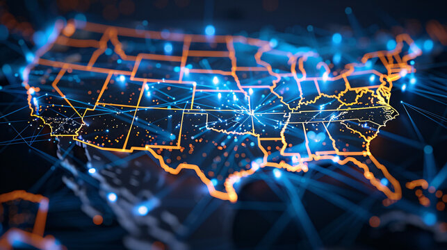Close-up of United States map with luminous lines depicting connectivity