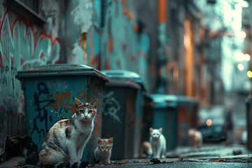AI generated illustration of cats lounging on the pavement in front of urban buildings