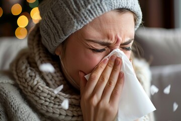 A young woman is blowing her nose with a tissue during spring allergy season flowers blossom exhausted and uncomfortable allergens in air disease and sickness