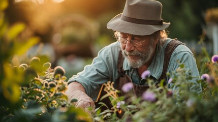 an older man in the garden tending plants and looking at something