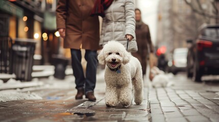 AI generated illustration of a small dog being walked by people in a snowy street - obrazy, fototapety, plakaty