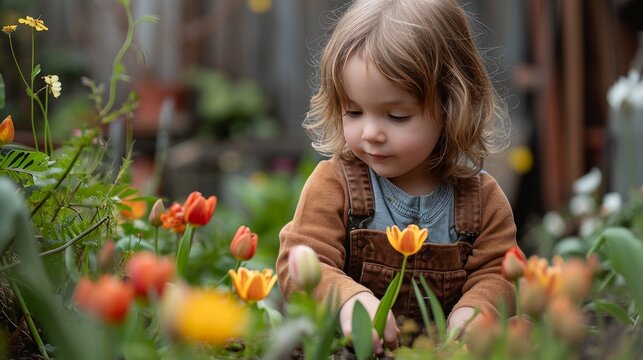 a little girl kneeling down in some flowers in a garden