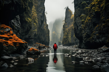 Picture of a lone hiker enjoying breathtaking landscapes, embracing nature's wonders in Iceland. - obrazy, fototapety, plakaty