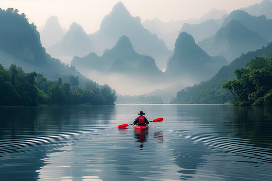 Generated photo of a man in a kayak exploring China.